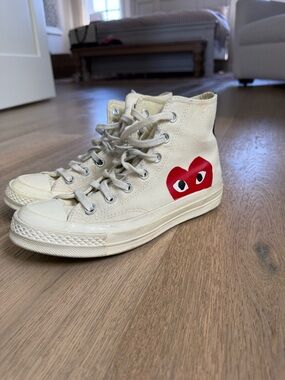 Converse Cream Canvas High Top Sneakers with Red Heart